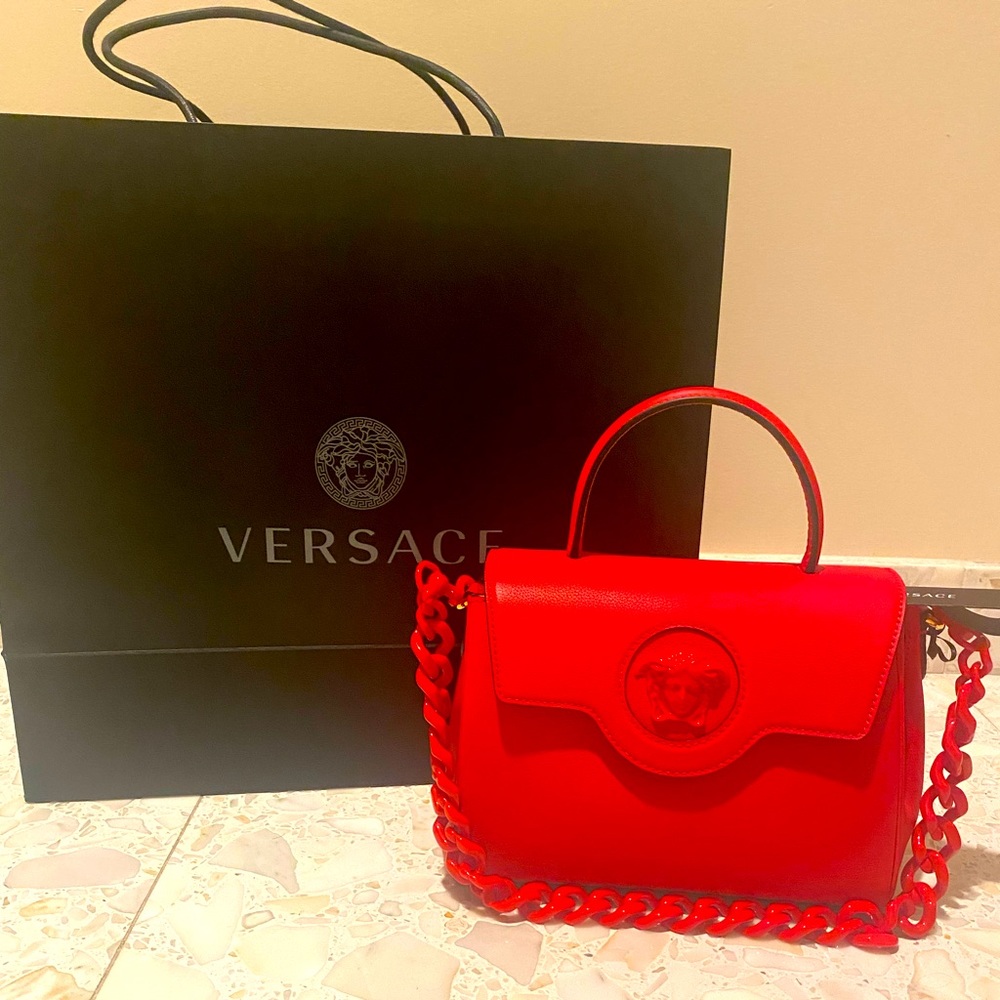NEW, NEVER WORN, WITH TAGS! Versace La Medusa Medium Handbag in Red w/ dust bag.